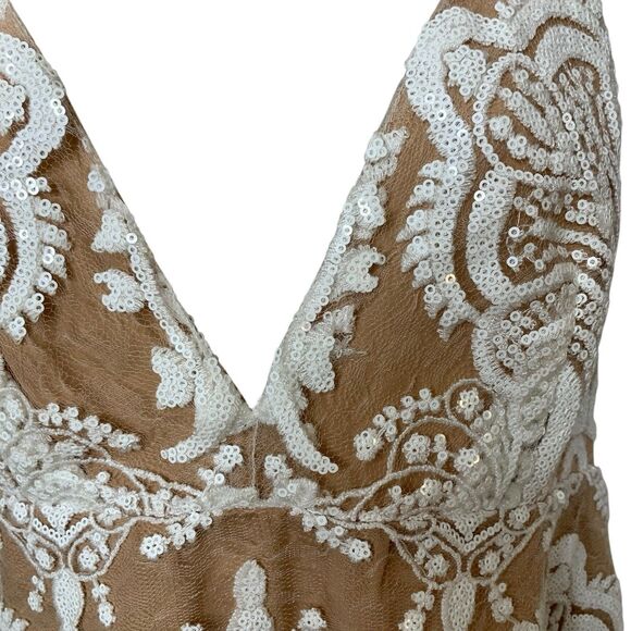 Free People Shimmering Sequin Mini Tank Dress Embroidery Lace Overlay Ivory Sz 8 - Picture 8 of 12
